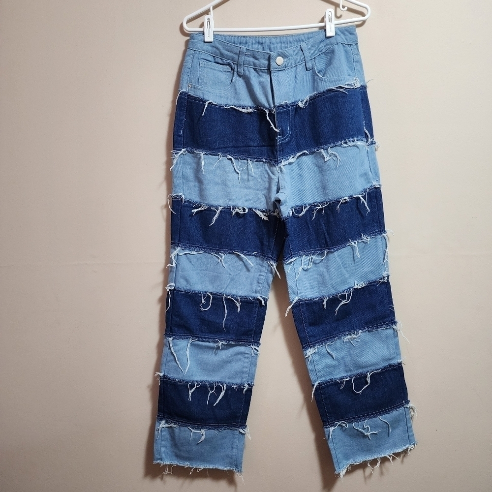Shein high waisted wide leg distressed striped  panel color block jean size L